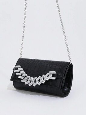 SHEIN Black Croc-Embossed Wristlet with Silver Chain Accent